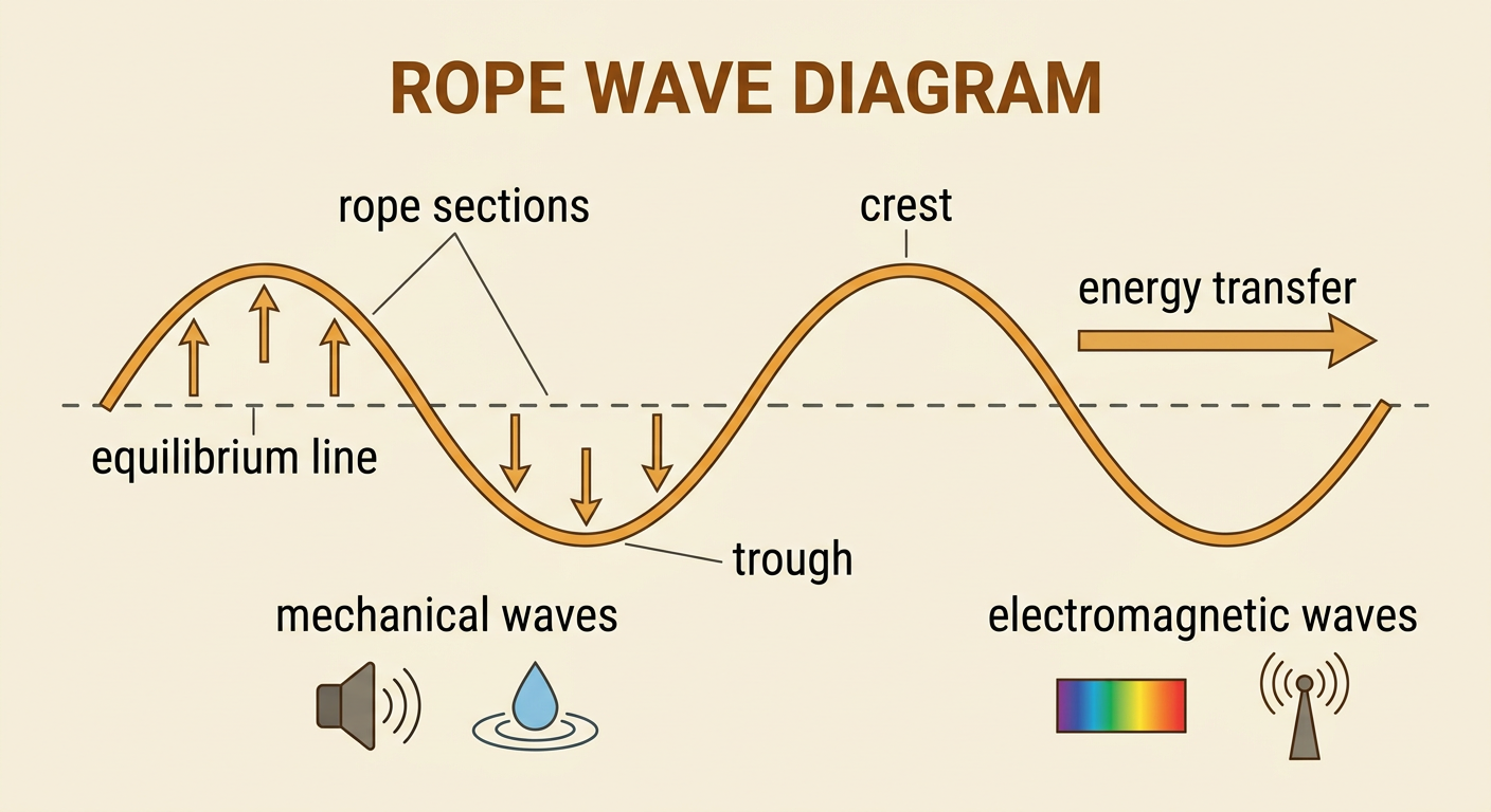 A rope wave travels horizontally while rope sections move vertically around an equilibrium line.