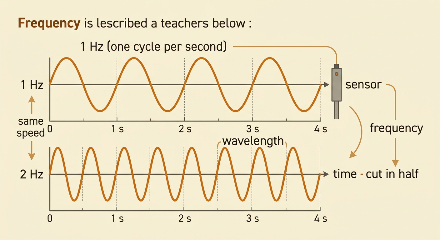 Two waves moving at the same speed show that greater frequency corresponds to shorter wavelength.
