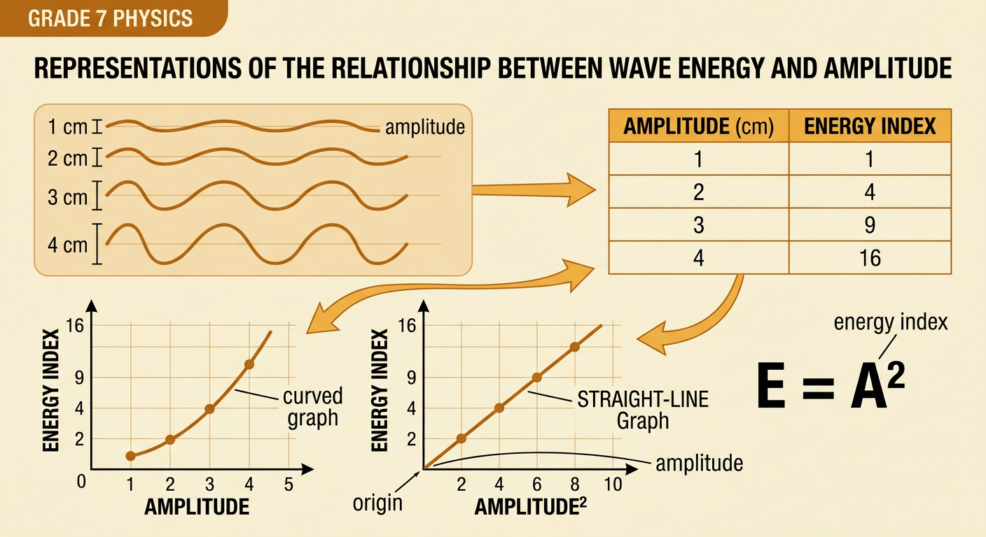One data display connects an amplitude-energy table to a curved graph and a straight-line graph.