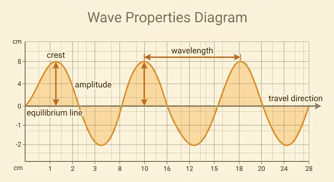A scaled wave diagram shows vertical amplitude and horizontal wavelength measurements.