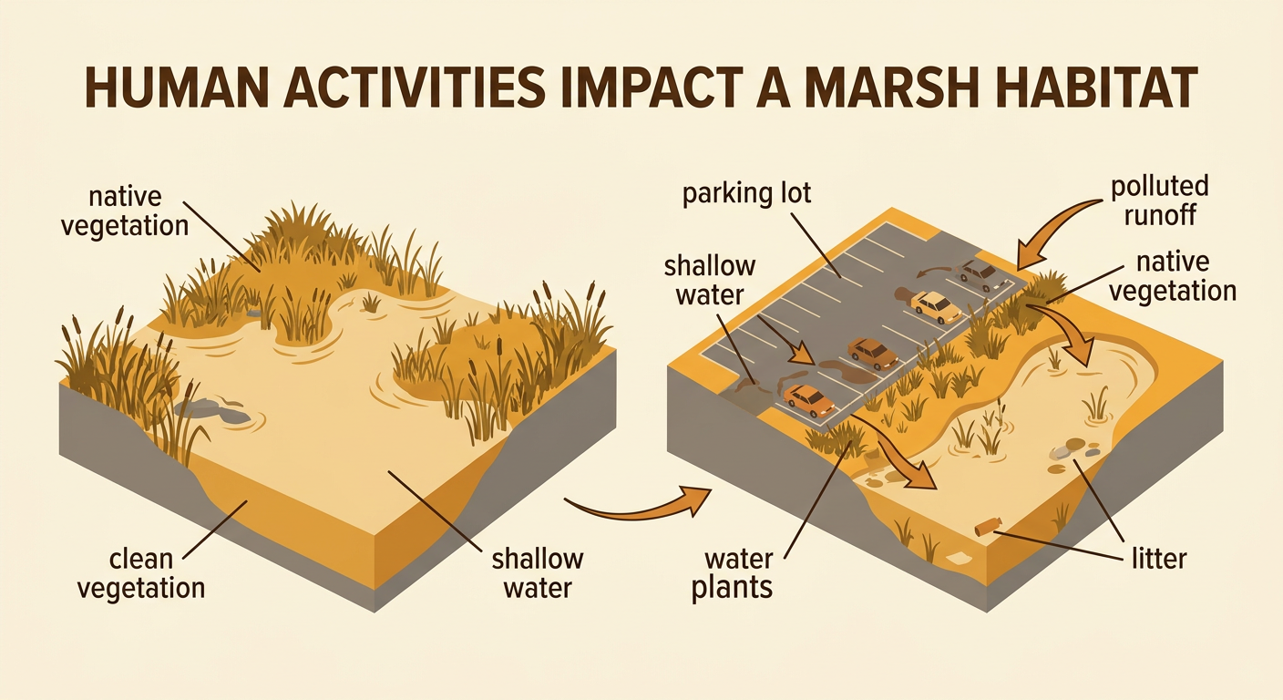 A partly drained marsh beside a parking lot contrasts habitat damage with actions that protect the wetland.