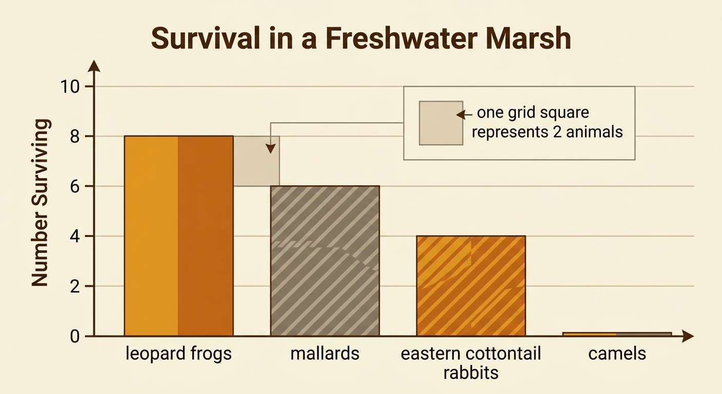 A scaled bar graph shows survival totals of 8, 6, 4, and 0 for the four marsh animals.