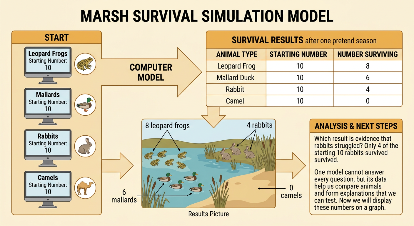 A survival results board compares how many of each animal remain after one modeled season.