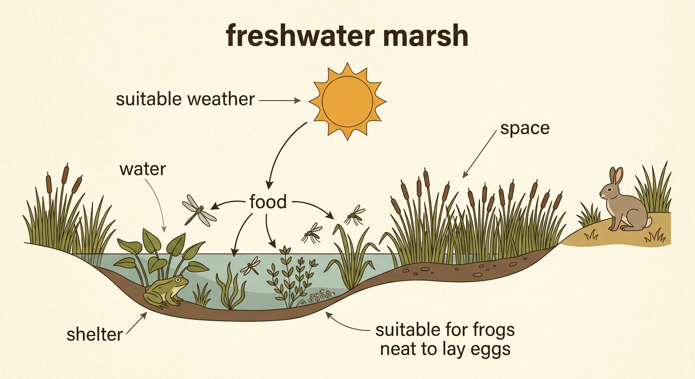 A freshwater marsh shows the five resources that animals need to live and reproduce.
