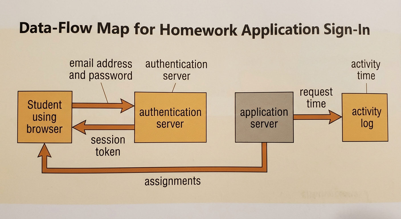 A labeled flow diagram traces a homework sign-in from the browser through authentication and into a recorded log.