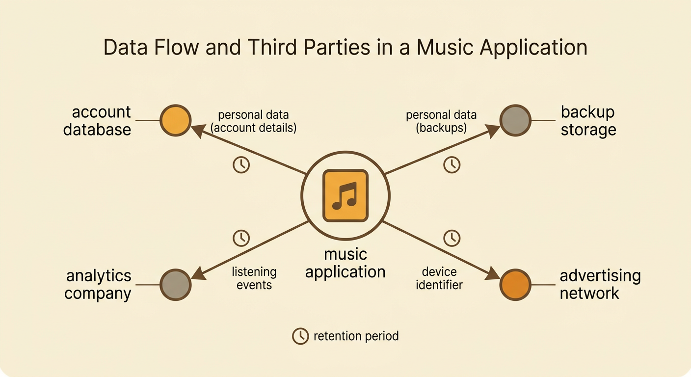 A music application stores account details and sends separate information to two outside companies.