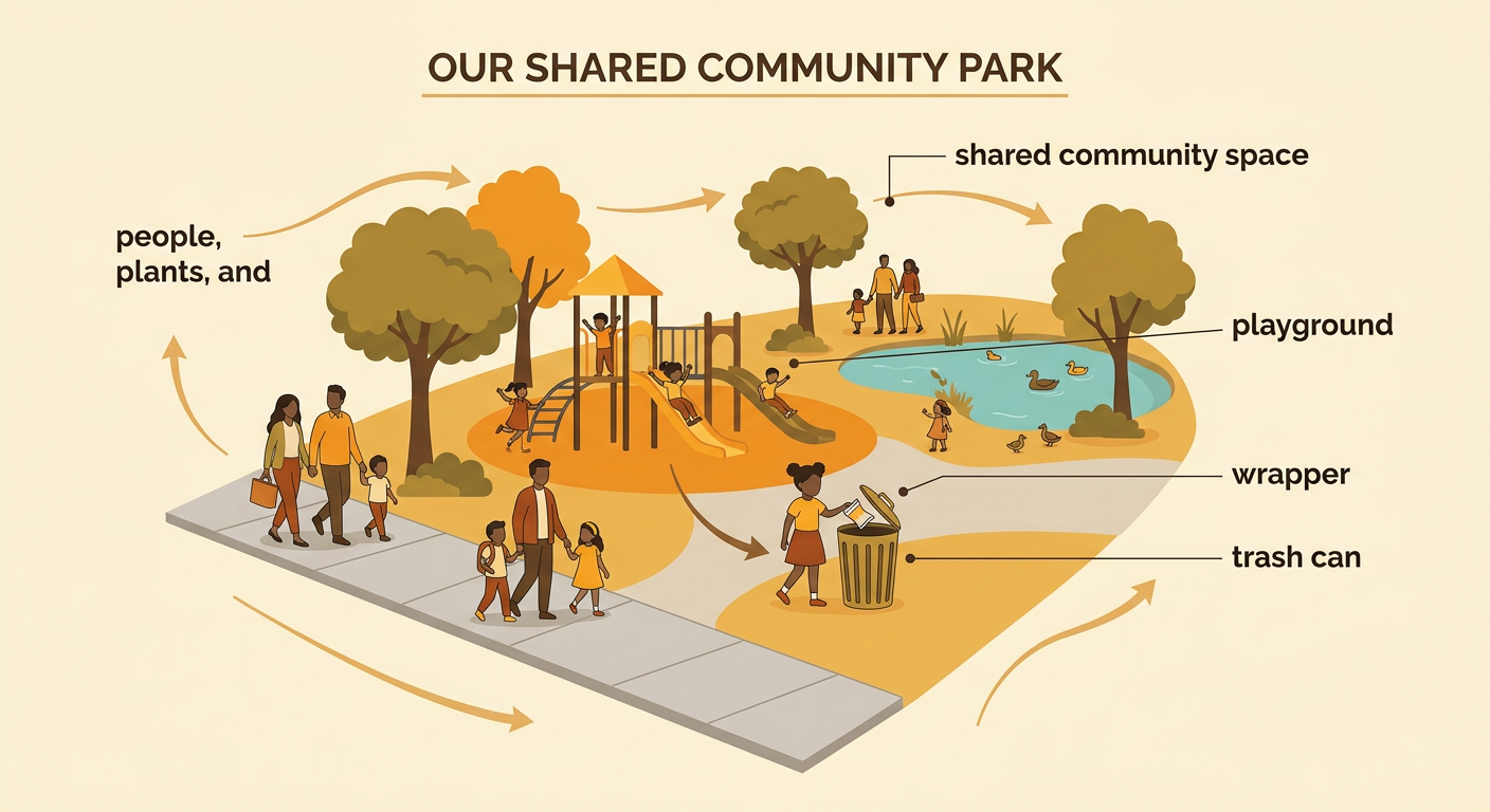 Maya puts her snack wrapper in a trash can at a playground used by children, families, plants, and animals.