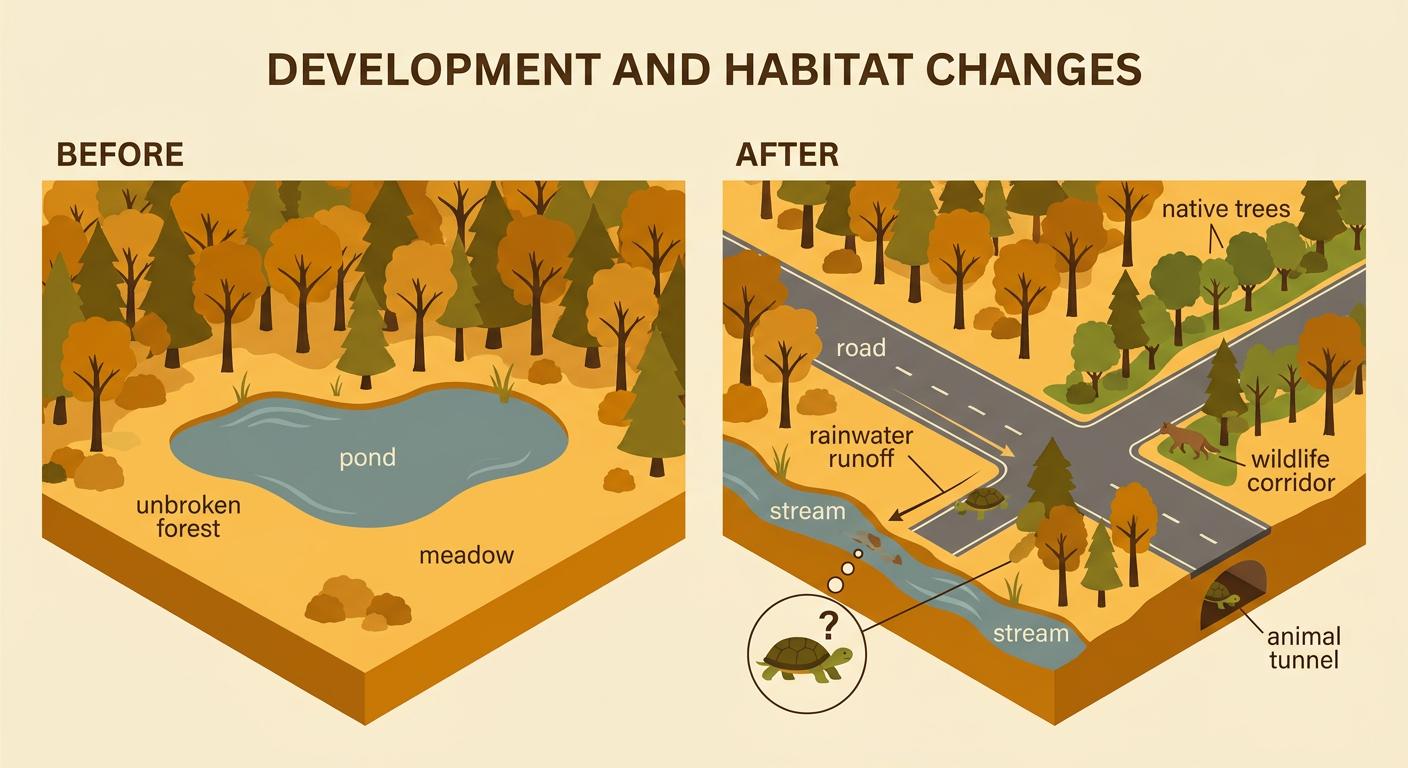 A road divides a forest, while a turtle uses an animal tunnel to travel between native trees and a stream along a wildlife corridor.
