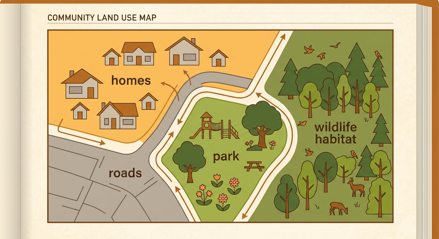 A community scene shows homes and roads beside a shared park and a forest wildlife habitat.