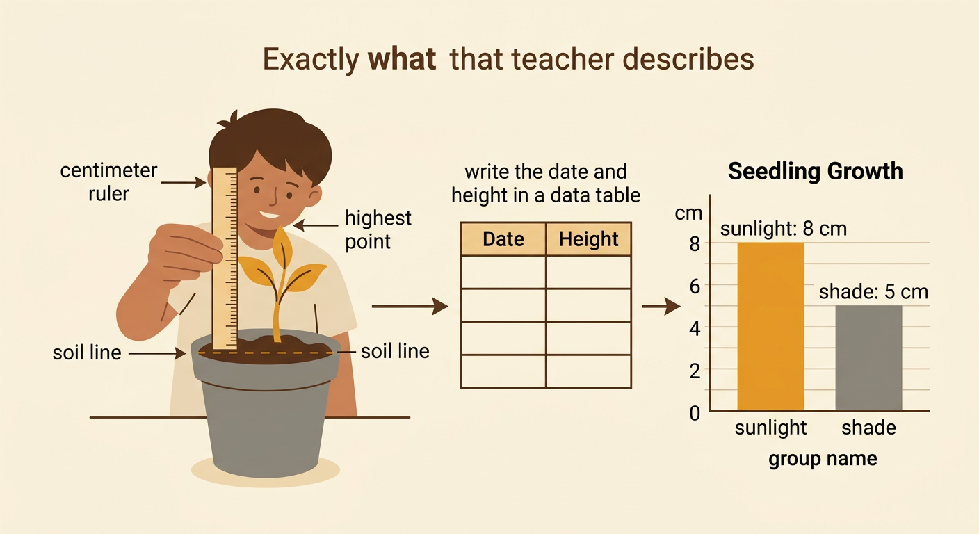 A ruler measures a seedling from the soil to its top beside a bar graph comparing final heights.