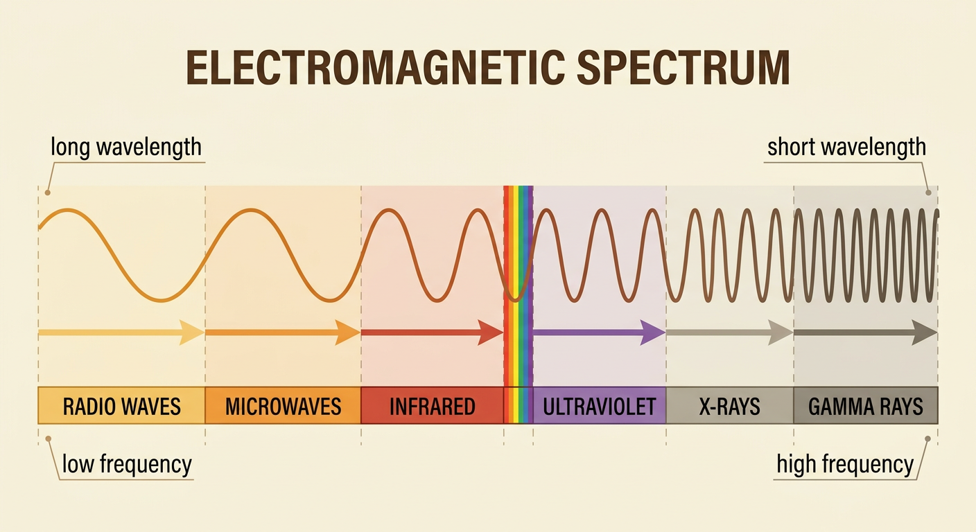 A horizontal electromagnetic spectrum shows radio waves through gamma rays, with frequency increasing and wavelength decreasing.