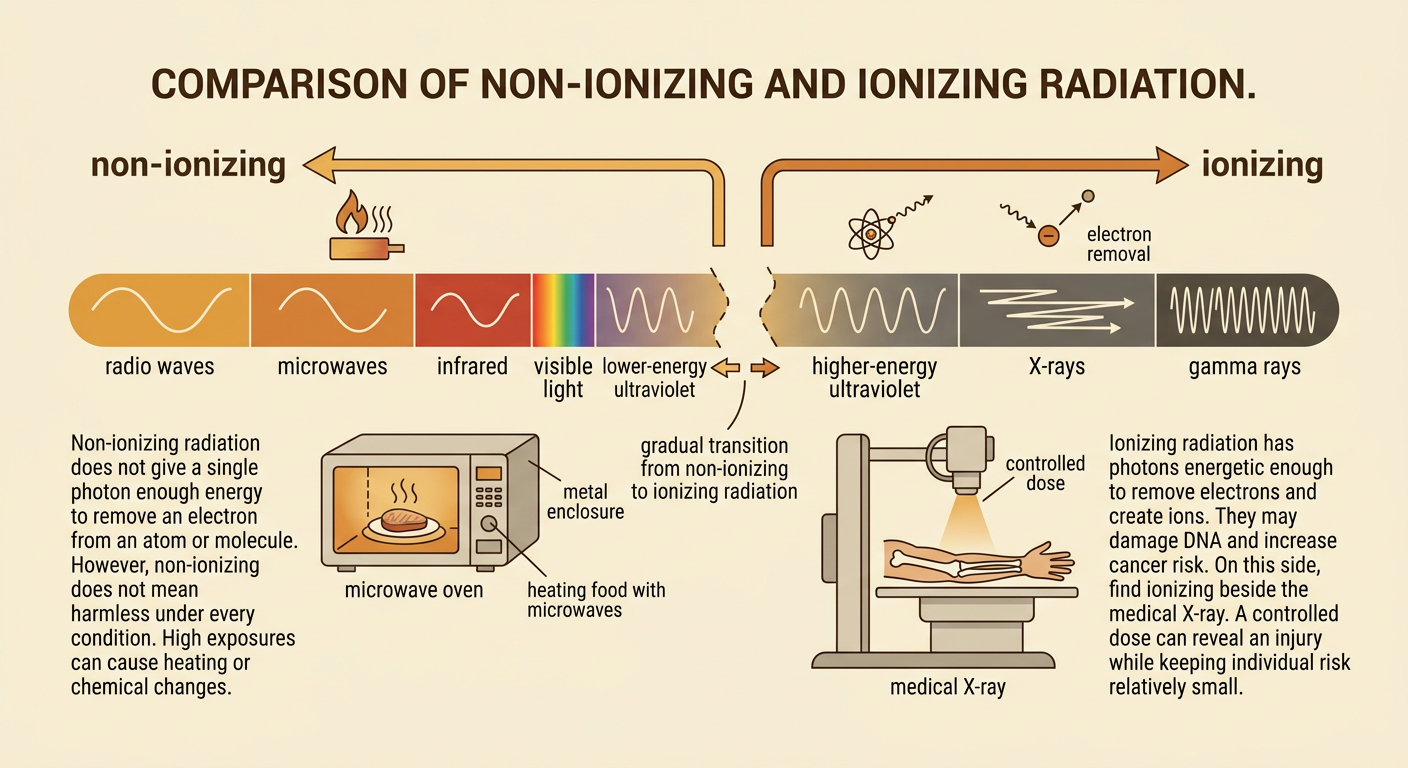 A split image compares a shielded microwave oven using non-ionizing radiation with a medical X-ray using an ionizing controlled dose.