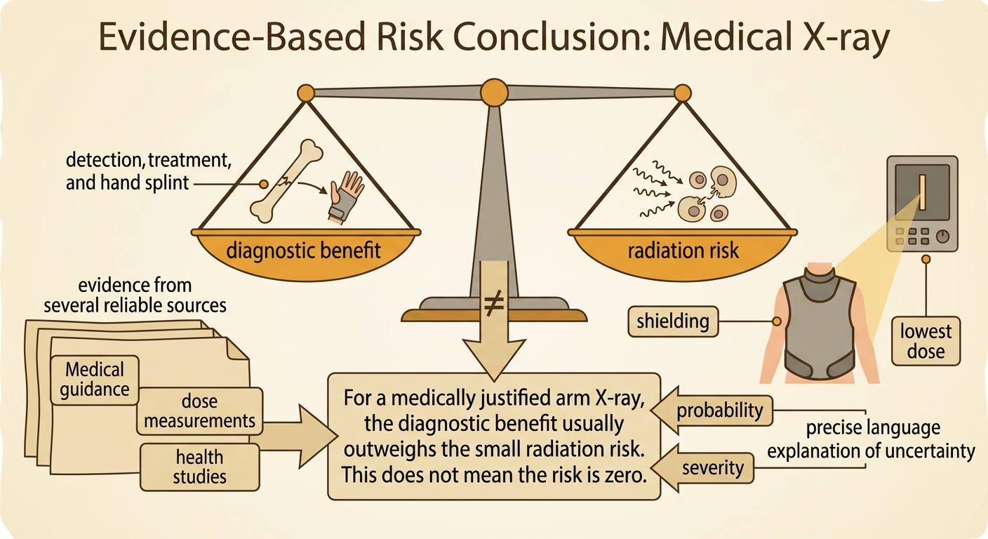 A balance scale compares the diagnostic benefit of finding an arm fracture with the small radiation risk from a controlled X-ray dose.