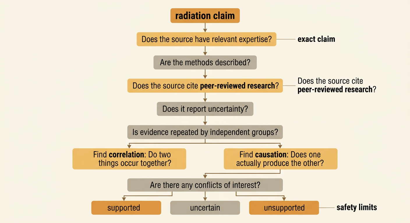 An evidence checklist evaluates a Wi-Fi cancer claim by comparing personal stories with research methods, studies, and exposure measurements.
