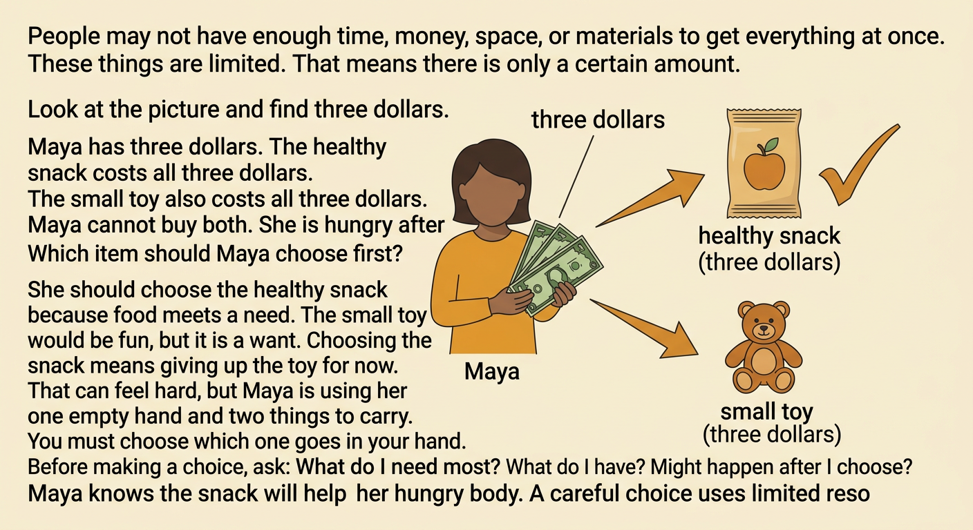 Maya holds three dollars while choosing between a healthy snack and a small toy that each cost the same amount.