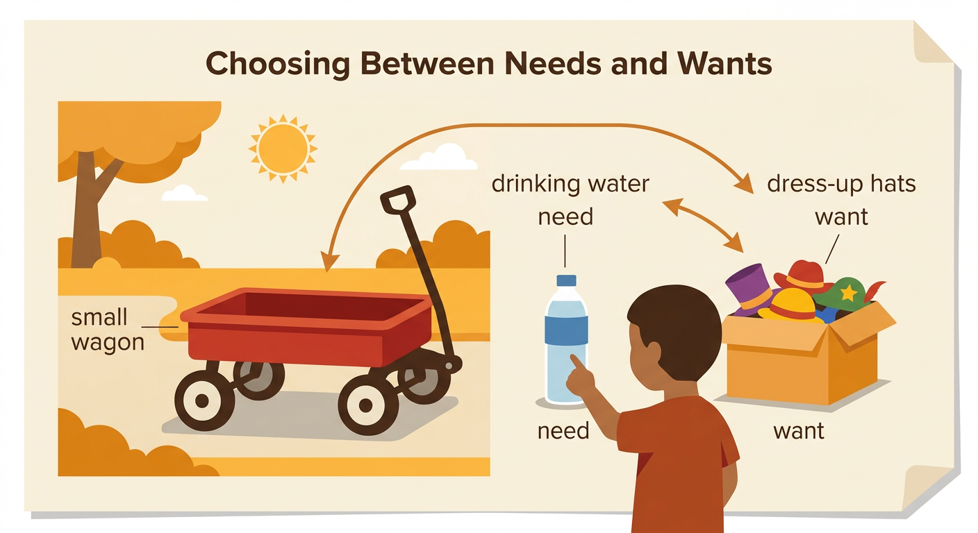 A small park wagon has room for either drinking water or dress-up hats, and the class chooses the water.