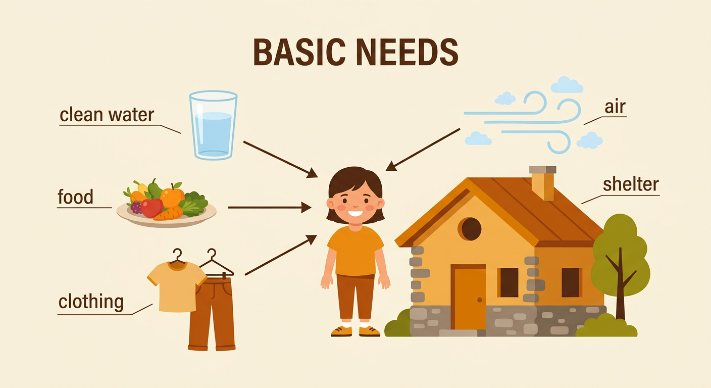 A family starts the day in a safe home with water, breakfast, clothes, and fresh air shown around them.