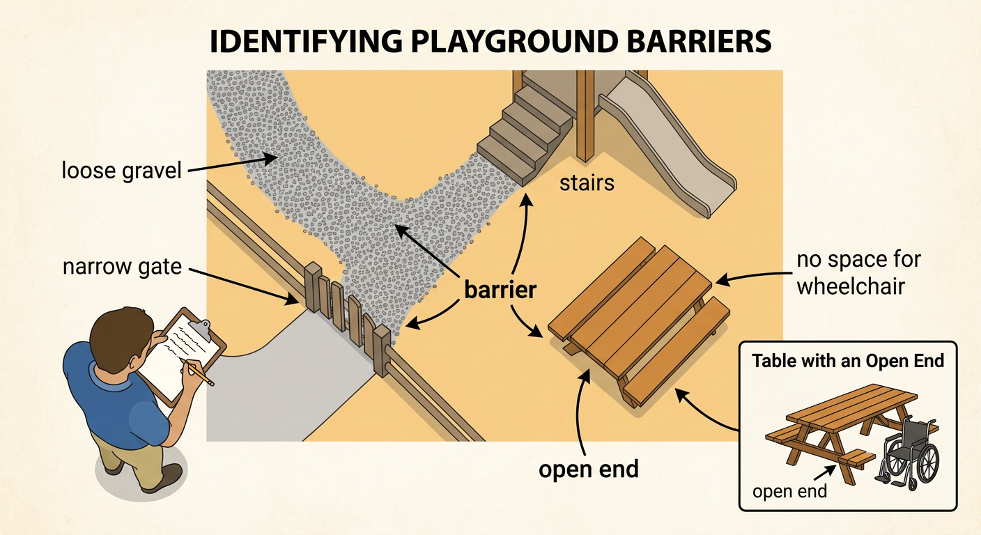 A playground entrance shows loose gravel, a narrow gate, and a picnic table beside a more usable table with an open end.