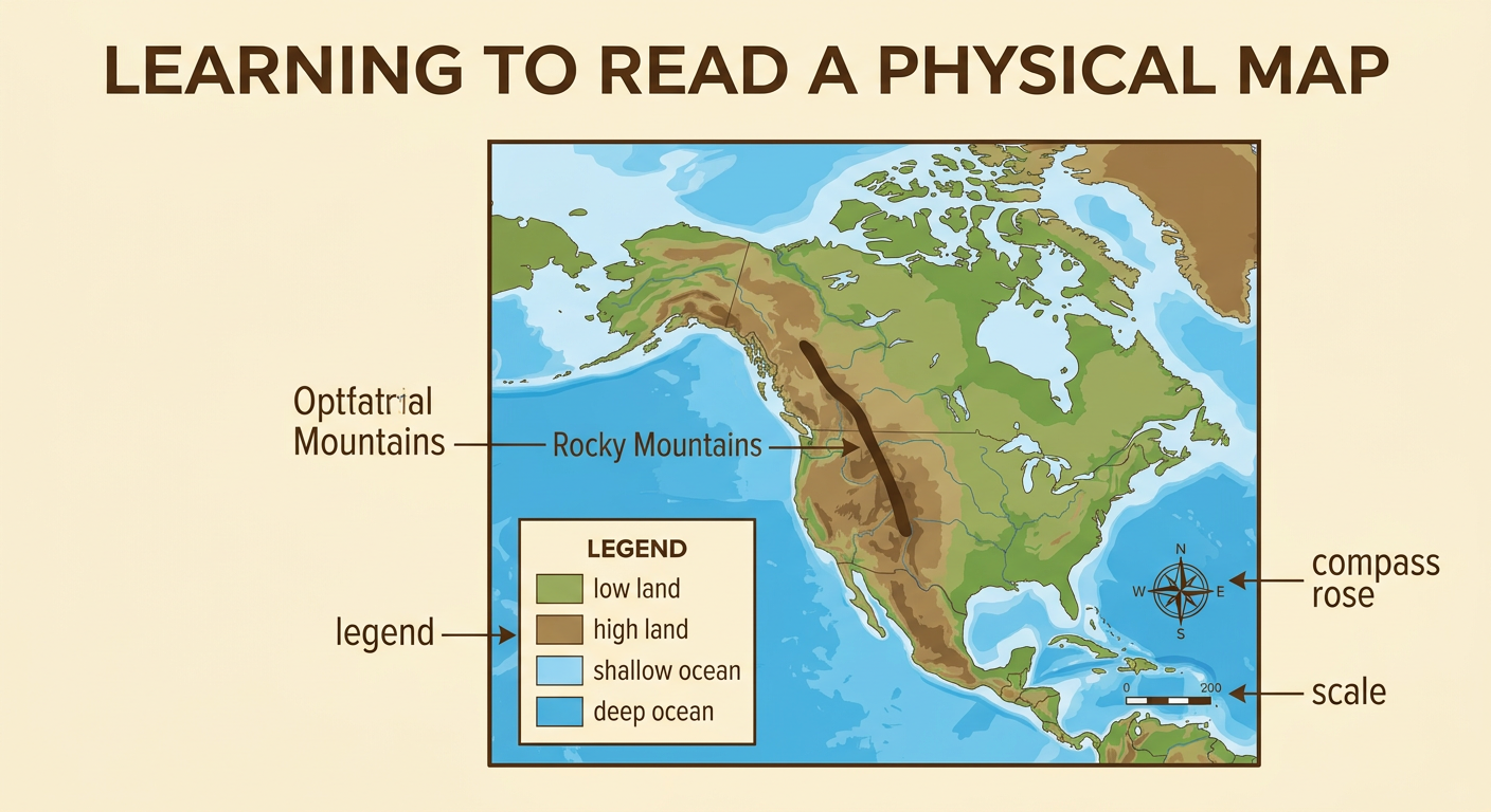 A physical map of North America shows elevation colors, the Rocky Mountains, a legend, a compass rose, and a scale.