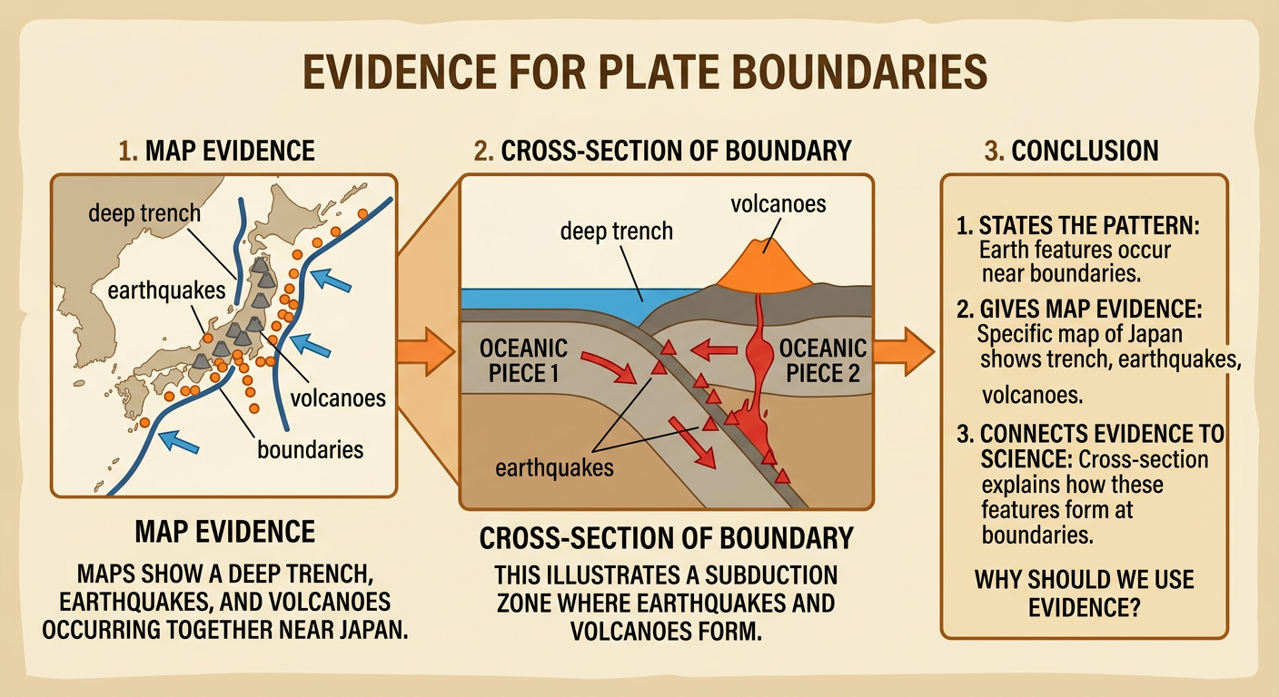 A simplified Earth diagram shows moving pieces meeting at boundaries near Japan, with a trench, earthquakes, and volcanoes grouped together.