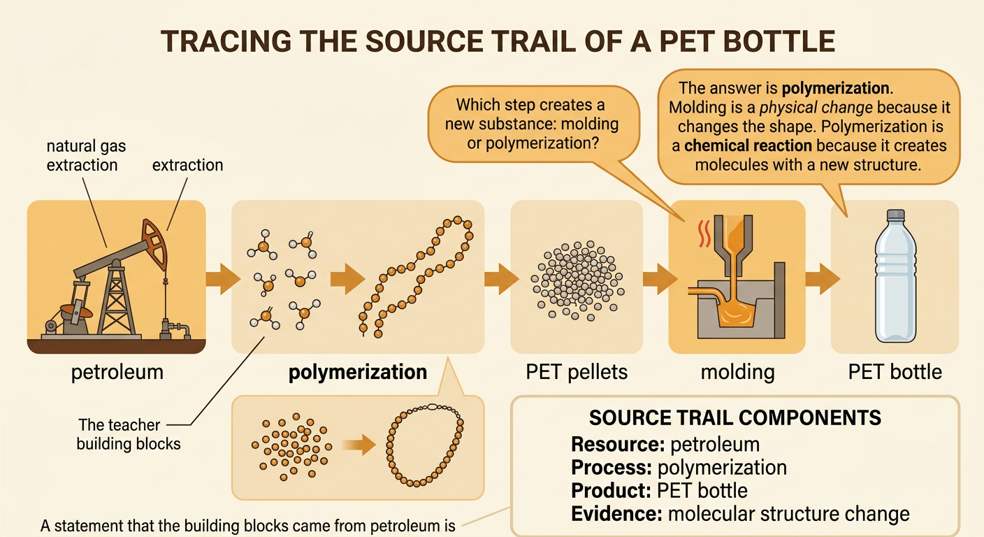 A process diagram traces petroleum through polymerization, PET pellets, and molding to a finished drink bottle.