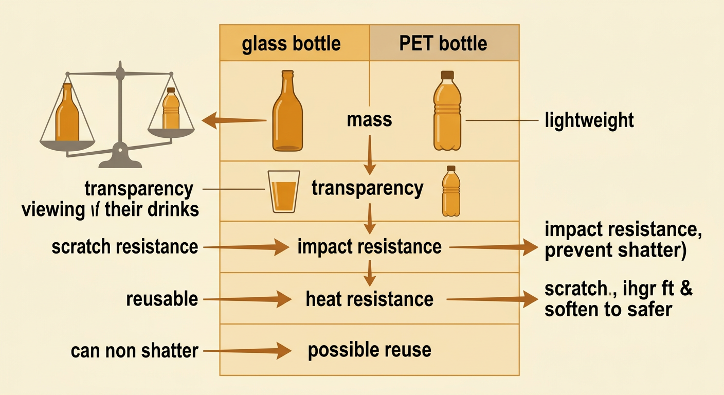 Equal-sized glass and PET bottles are compared on a balance and in a controlled impact test.