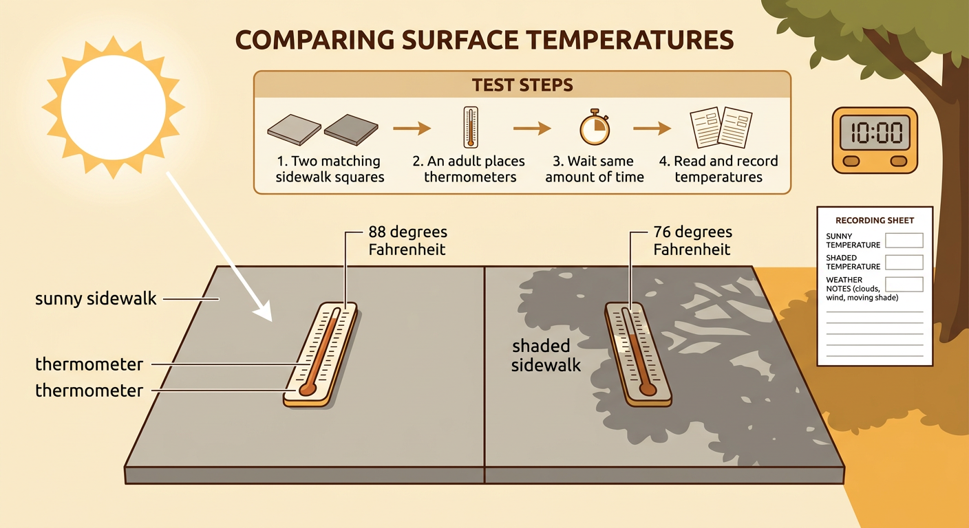An adult places thermometers on matching sunny and shaded sidewalk squares while a child records the readings.