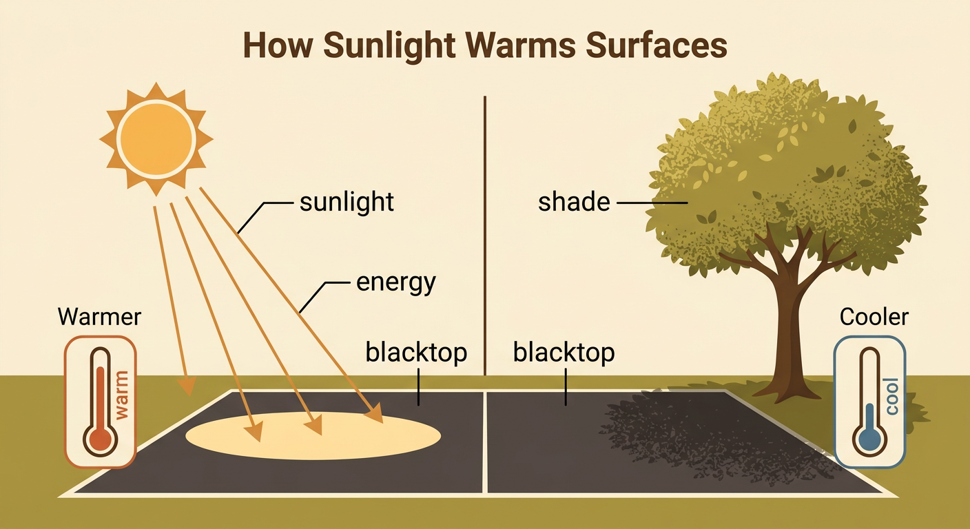A playground shows matching blacktop areas, one in bright sun and one beneath a shady tree.