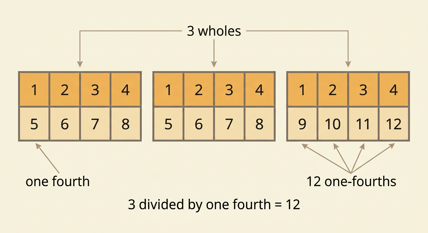 Three whole bars are each divided into fourths to show twelve one-fourth-size groups.