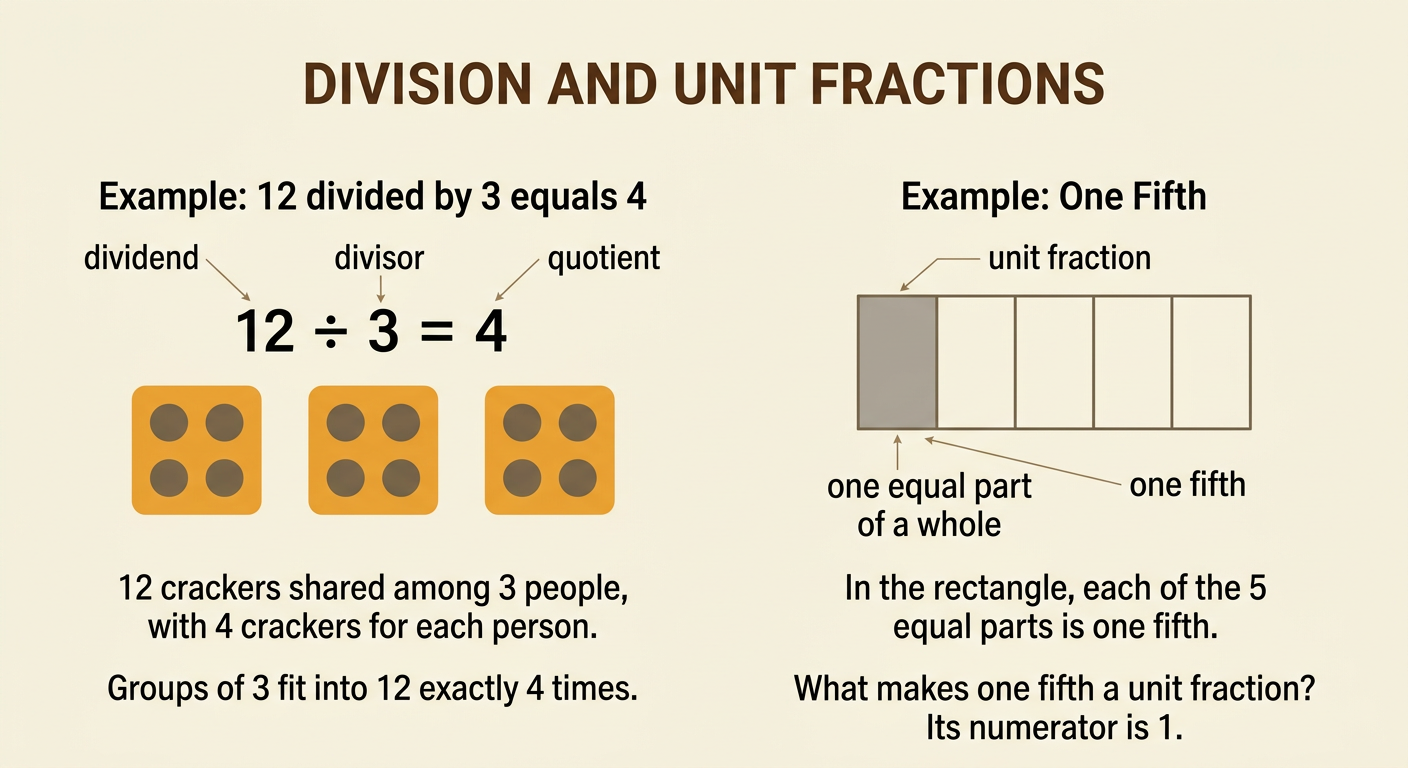 A diagram shows 12 dots in equal groups beside a rectangle divided into five equal parts, with division vocabulary labeled.