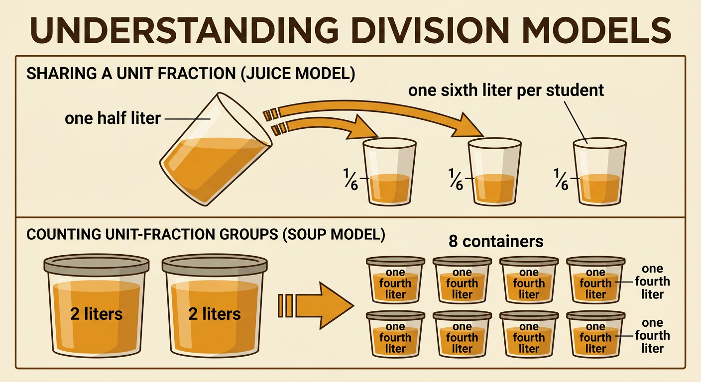 A kitchen scene shows half a liter of juice shared three ways and two liters of soup poured into quarter-liter containers.