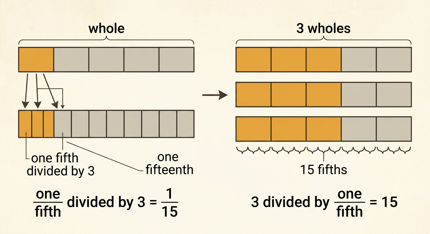 A side-by-side model compares splitting one fifth into three pieces with counting fifths in three whole bars.