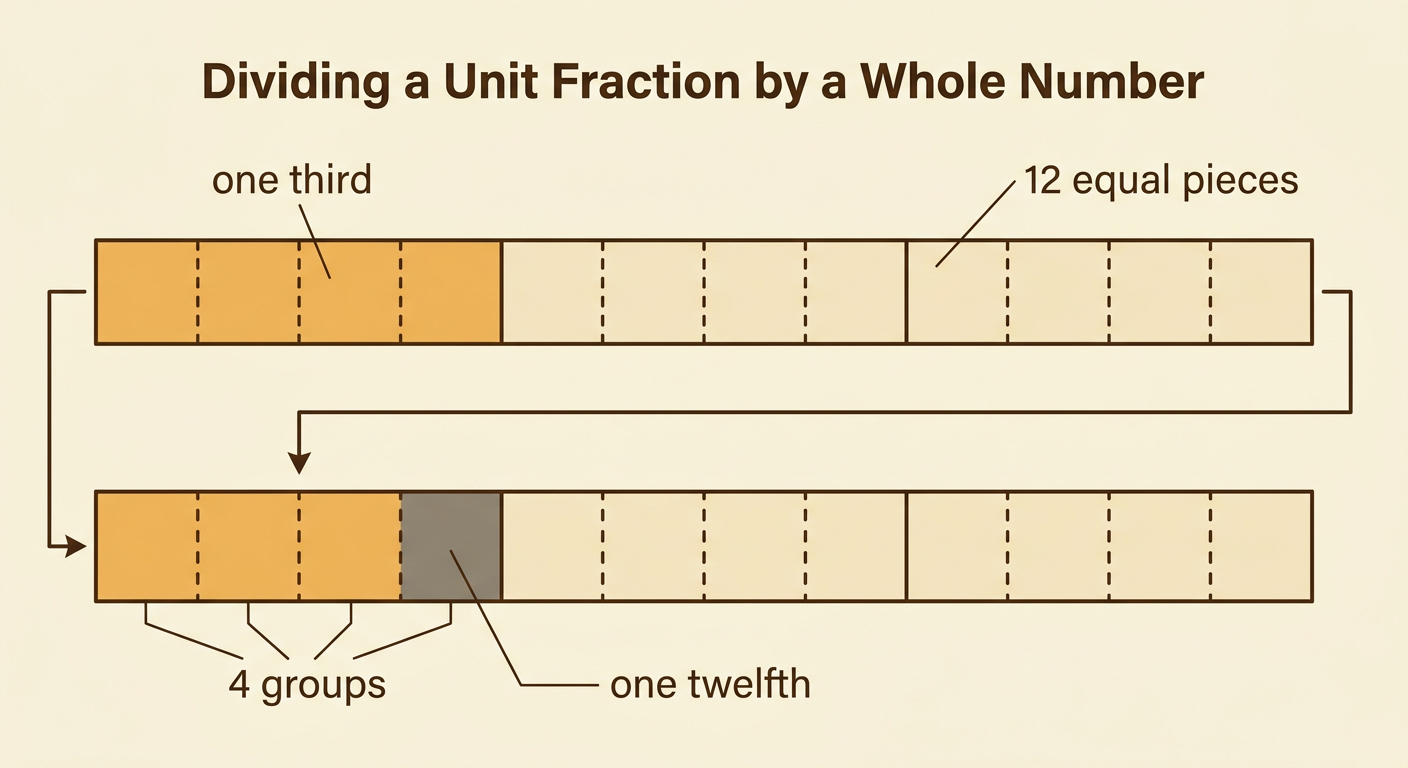 One rectangle shows a shaded third split into four pieces, creating twelve equal pieces in the whole.