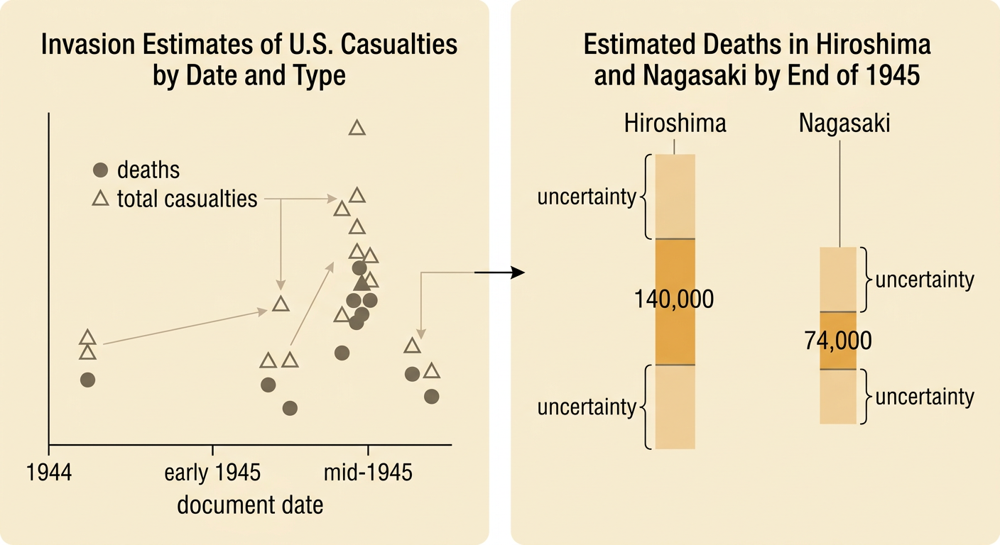 A labeled scatterplot compares dated invasion estimates while a side panel shows uncertain 1945 death ranges for Hiroshima and Nagasaki.
