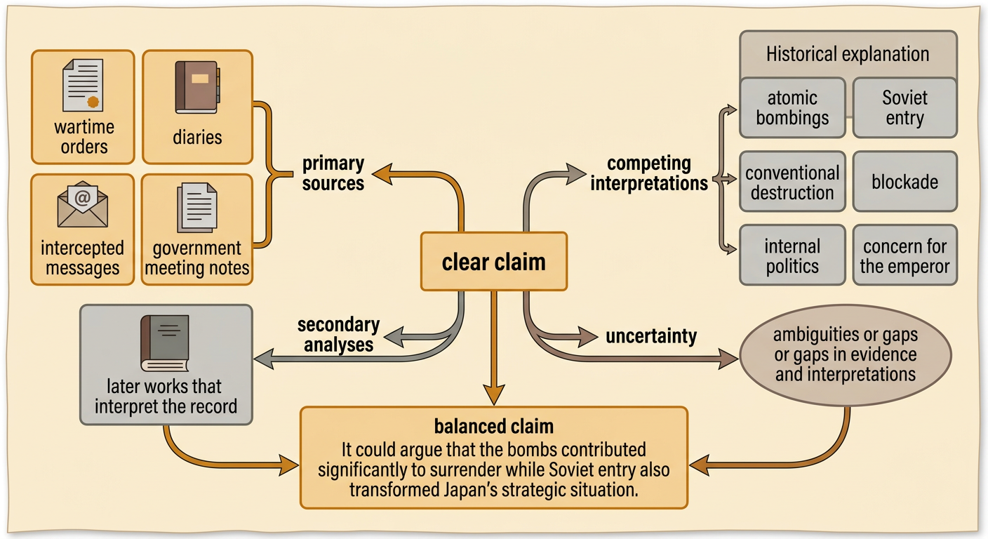 An evidence board connects a central historical claim to primary sources, secondary analyses, competing interpretations, and uncertainty.