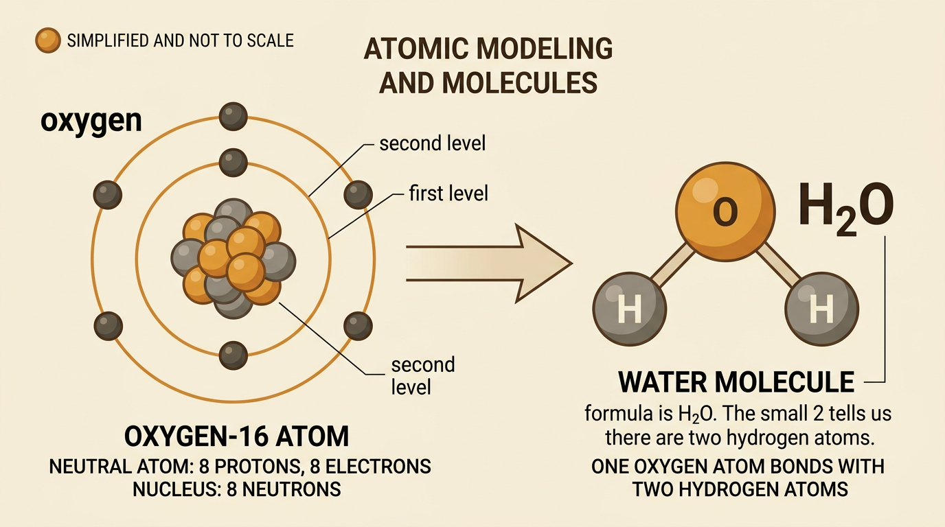 A simple oxygen model with two energy levels appears beside a water molecule model.