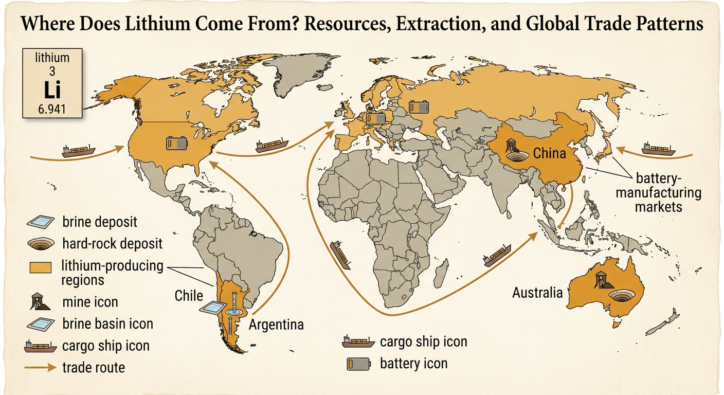 A world resource map shows lithium deposits, battery production, and an international trade route.