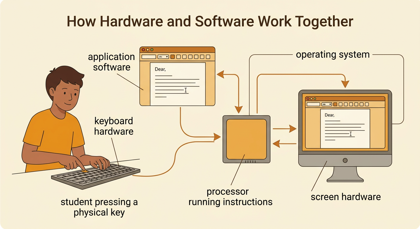 A student types while hardware and software work together to display a letter.