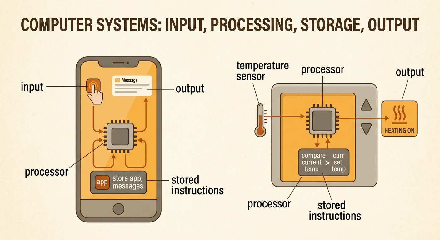 A smartphone receives a finger tap, processes stored app instructions, and displays a message.