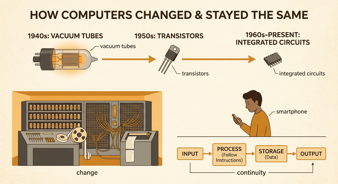 A timeline connects a room-sized vacuum-tube computer to a transistor, an integrated circuit, and a smartphone.