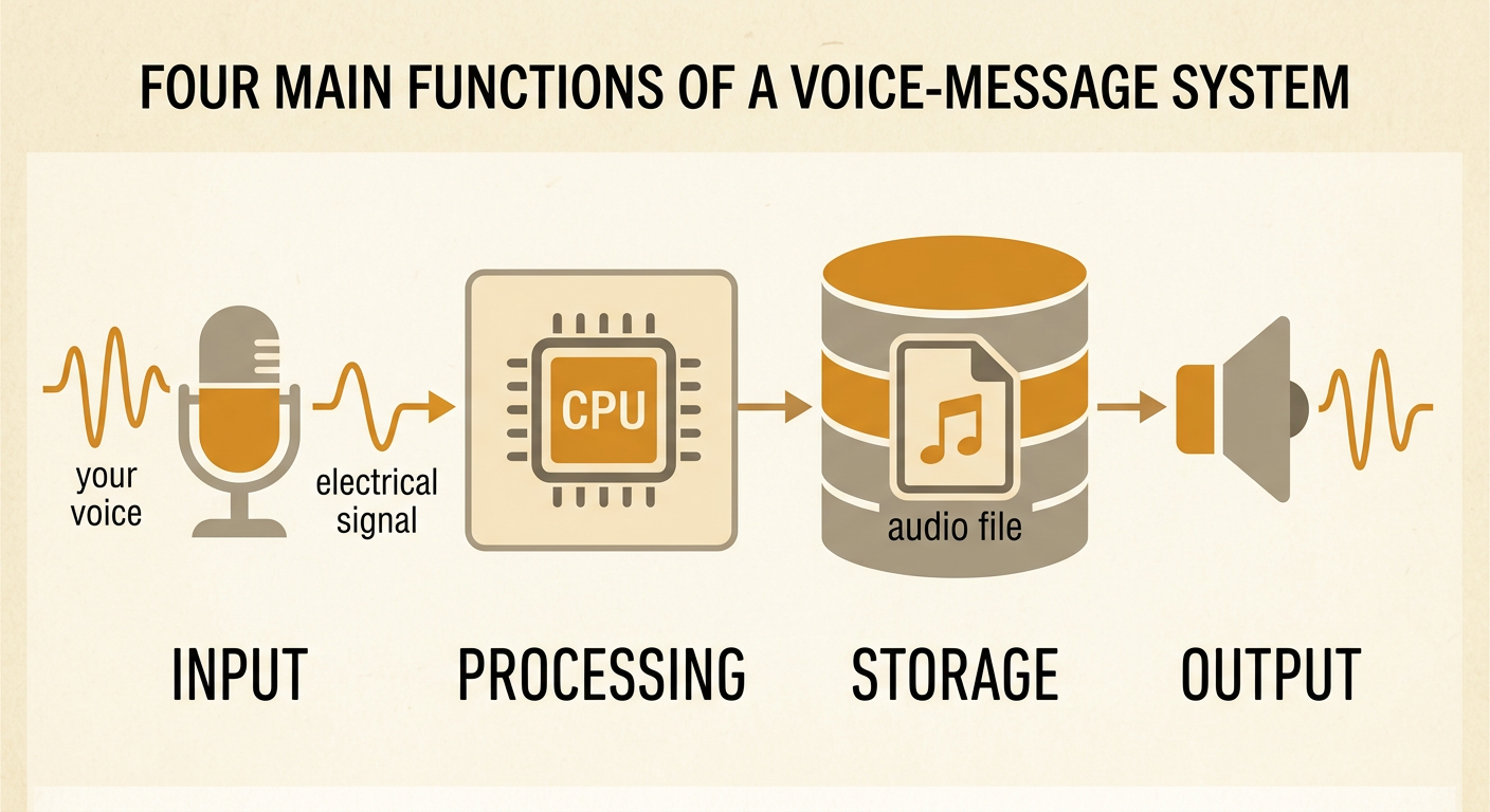 A voice message moves from a microphone through the CPU and storage to a speaker.