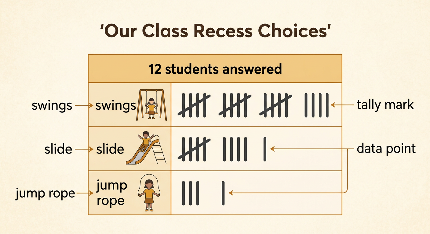 A tally chart shows six votes for swings, four for slide, and two for jump rope from 12 students.