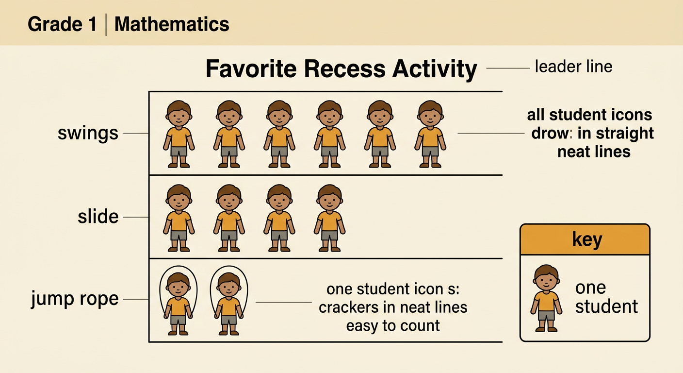 A completed picture graph titled Favorite Recess Activity has rows of six, four, and two matching student pictures and a key showing one picture equals one student.