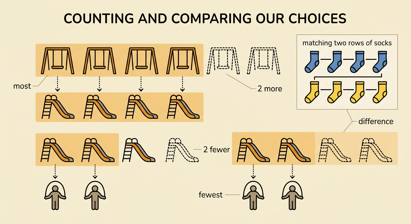 The picture graph pairs rows with dotted matching lines and highlights two leftover pictures to show the differences.