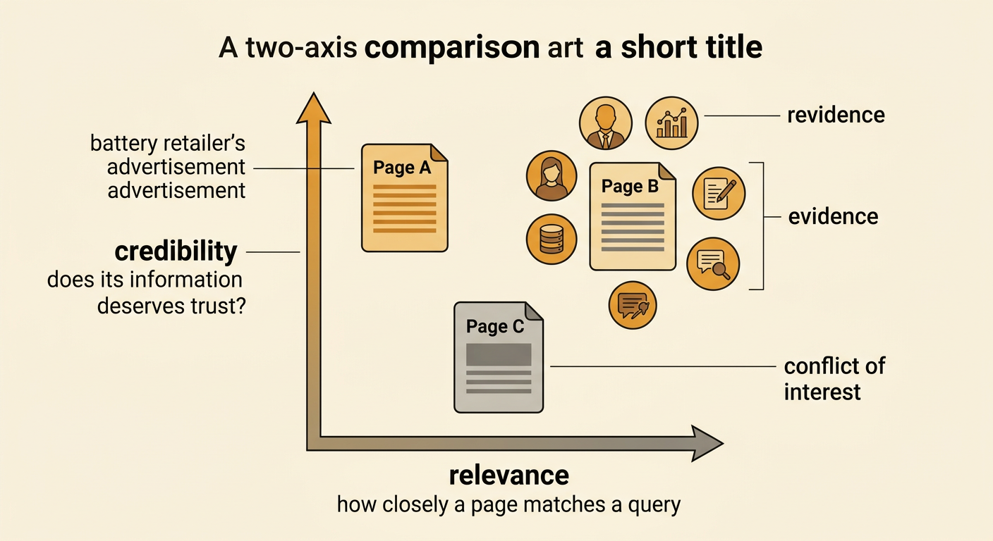 Three source cards contrast a retailer advertisement, a government report, and an anonymous blog using relevance and credibility indicators.