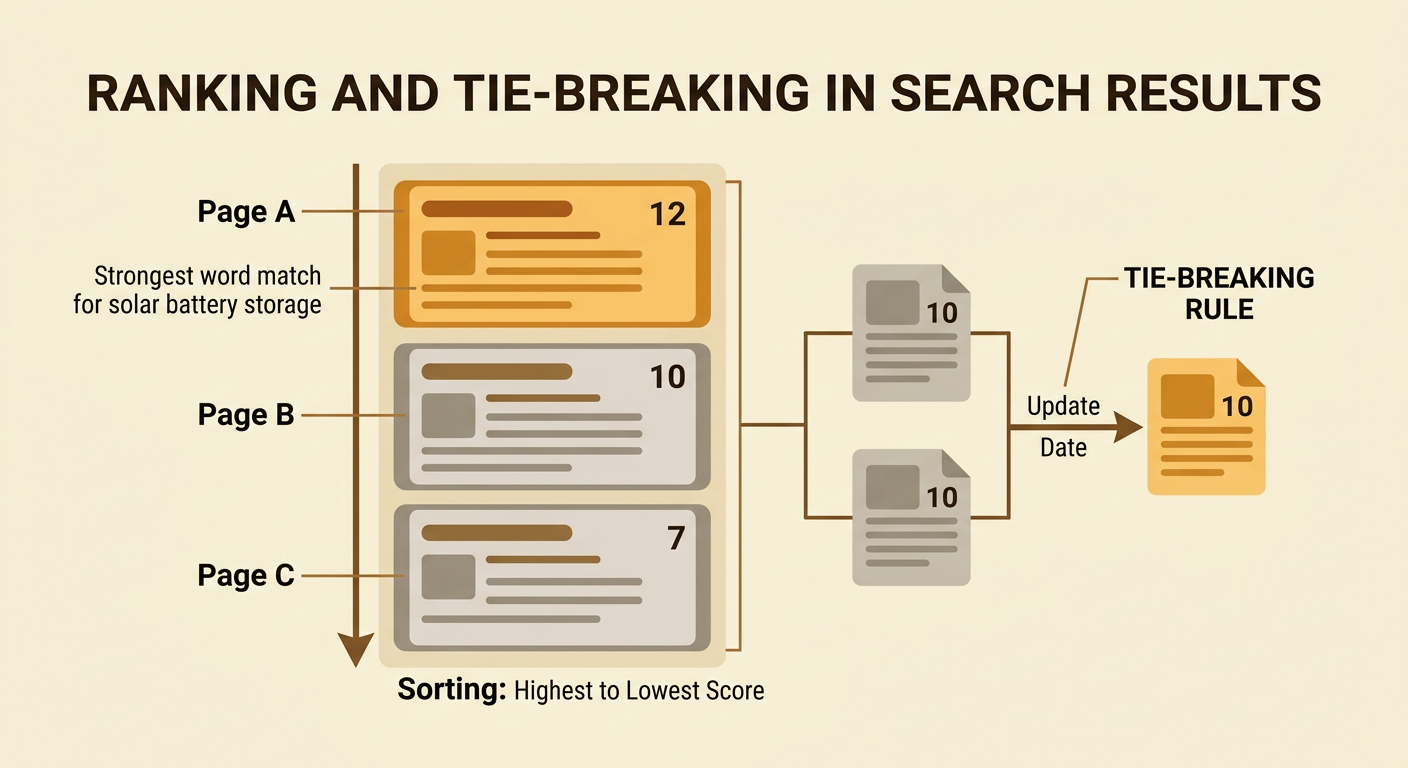 Three search results appear in score order, with Page A first, Page B second, and Page C third.