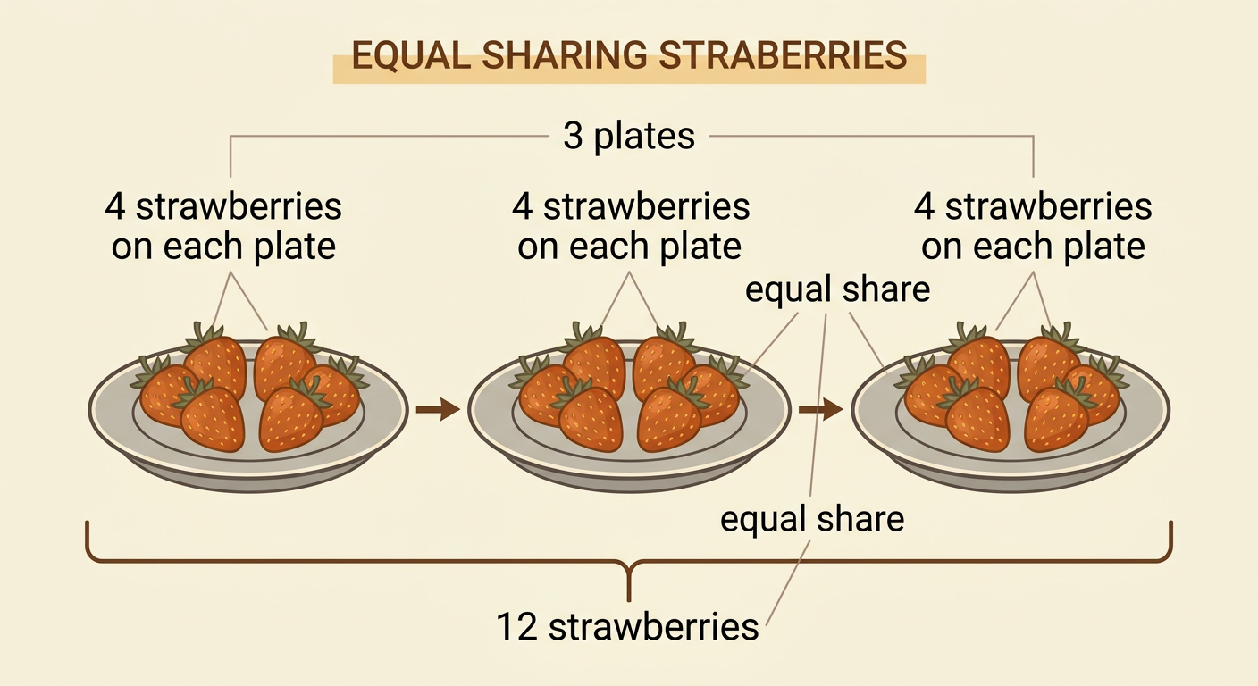 Twelve strawberries are arranged evenly on three plates, with four strawberries on each plate.