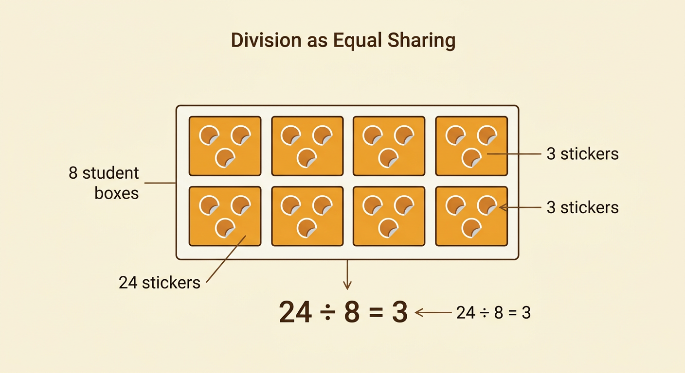 Twenty-four stickers are shared evenly into eight student boxes, with three stickers in each box and an equation below.