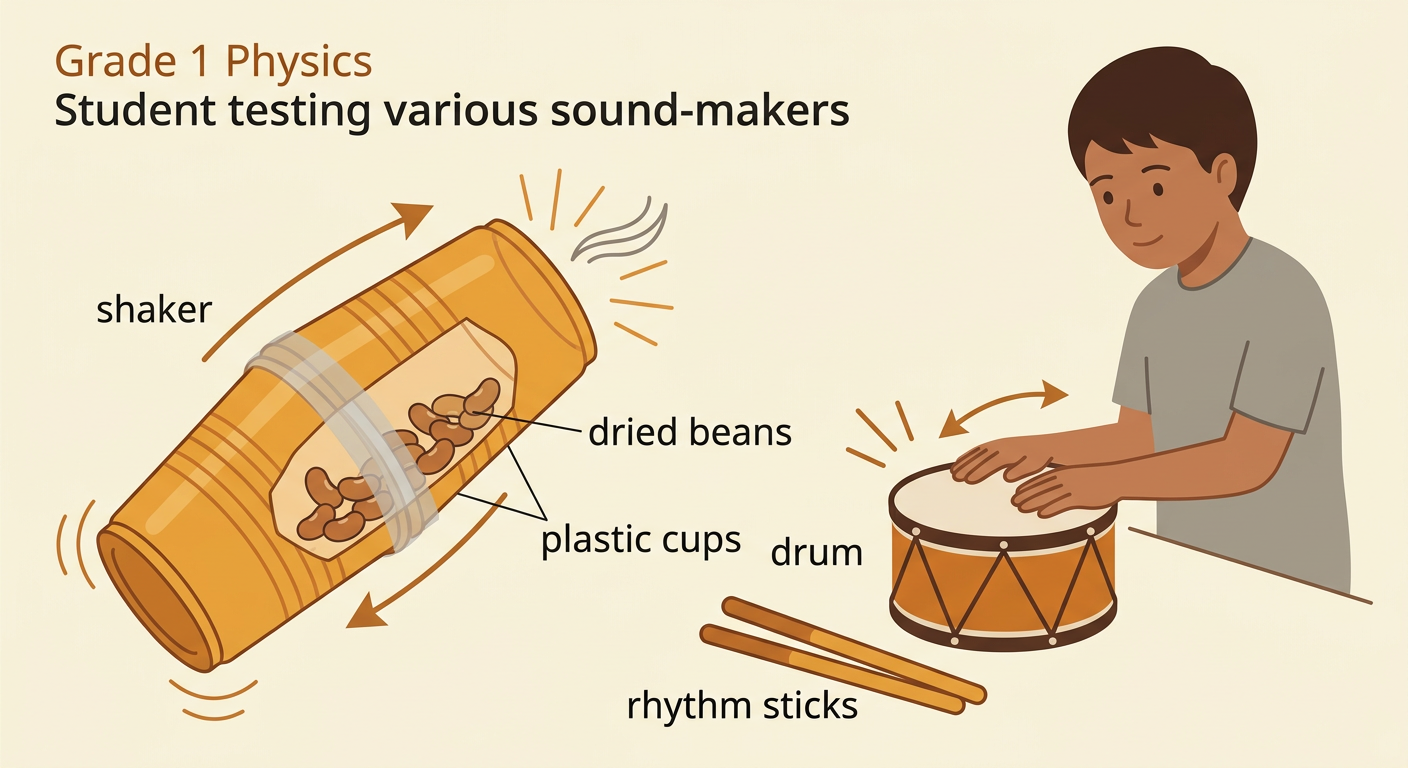 Two children safely compare a bean shaker made from taped cups with a small drum that makes clear taps.
