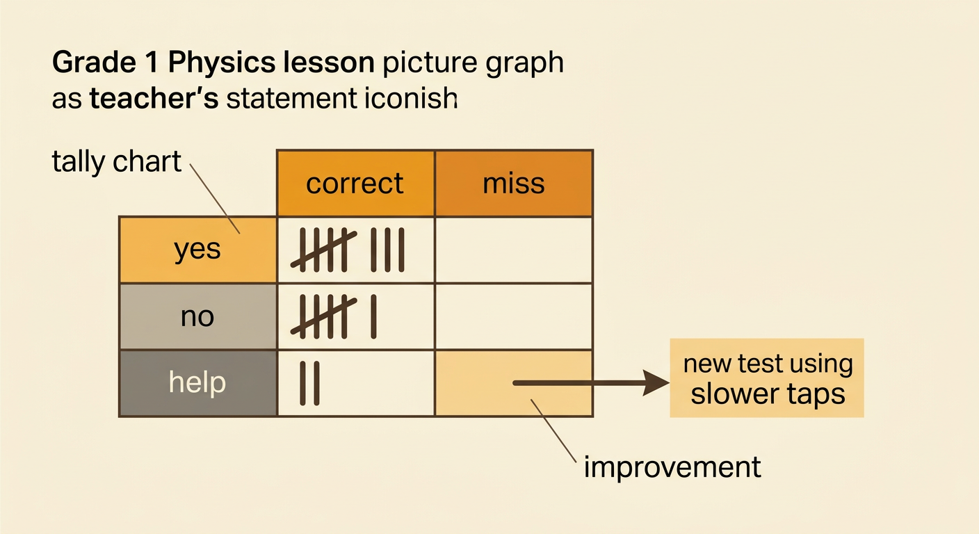 A group studies a tally chart showing correct answers and misses for yes, no, and help, then chooses a way to improve the signal.